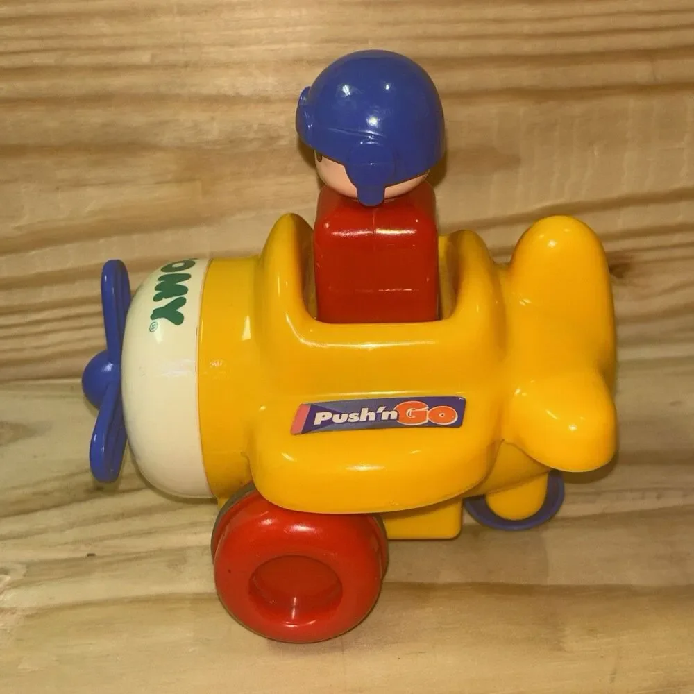 Vintage 1991 Tomy Push N Go Airplane Toy Baby Einstein Moving Pilot Yellow Works